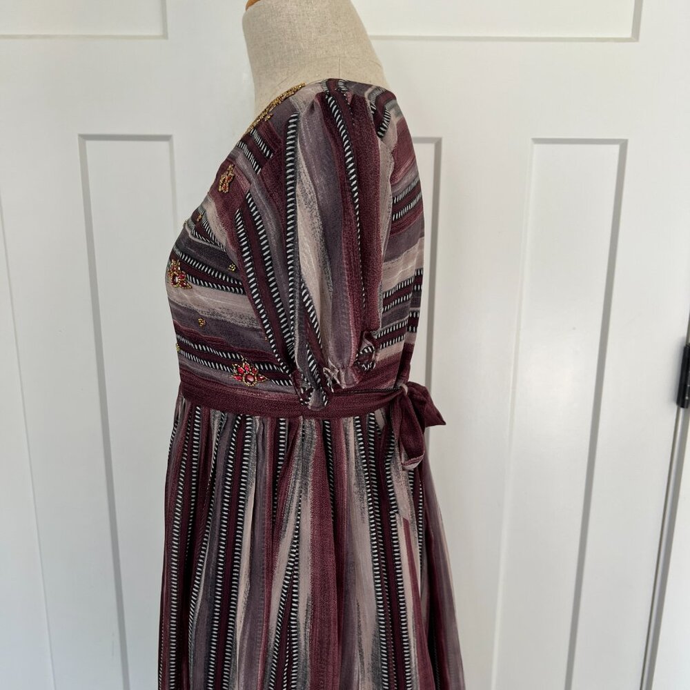 Boho Beaded Striped V-Neck Empire Waist Midi Dress M Burgundy Mauve Puff Sleeve - Picture 8 of 9